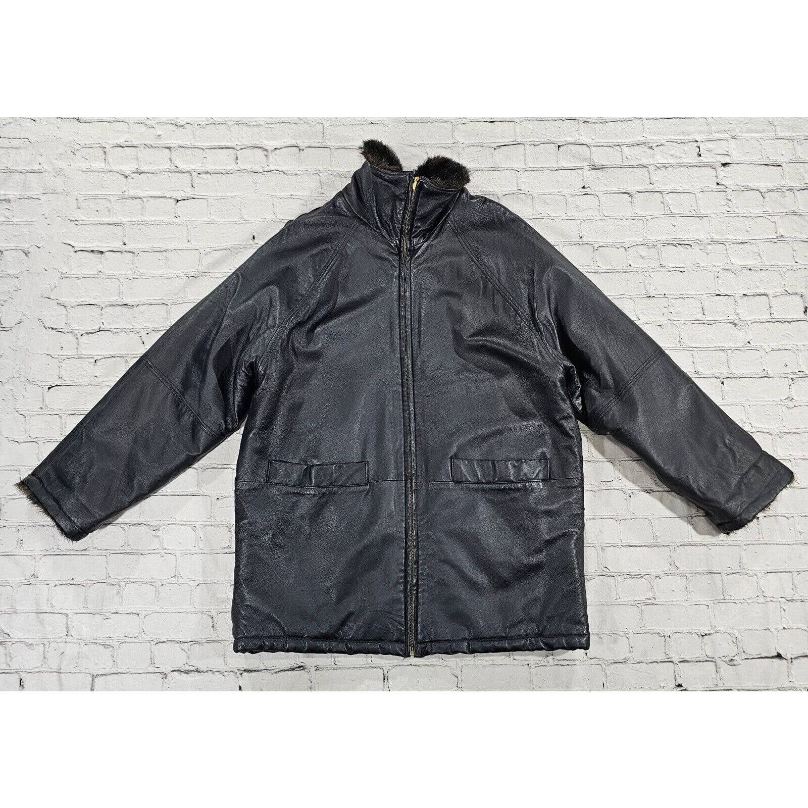 Vintage Colebrook Co. Reversible Faux Fur Black Leather Jacket Mock Neck Mens L